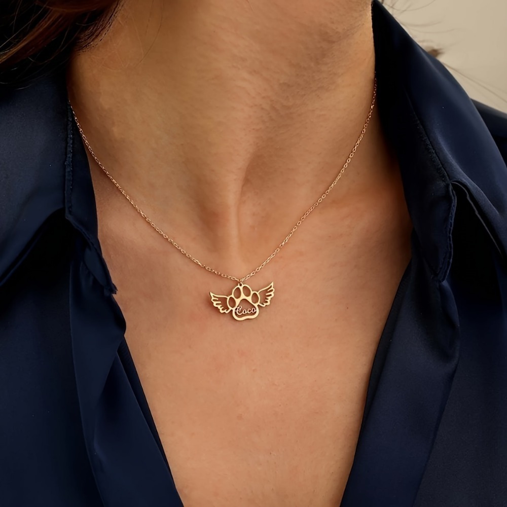 Custom Unique Angel Wings and Paw Print Name Necklace